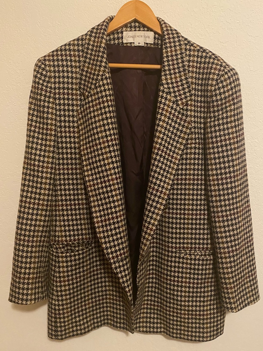 Vintage Jones New York Houndstooth Blazer 100% Pure Wool Boyfriend Silhouette 16